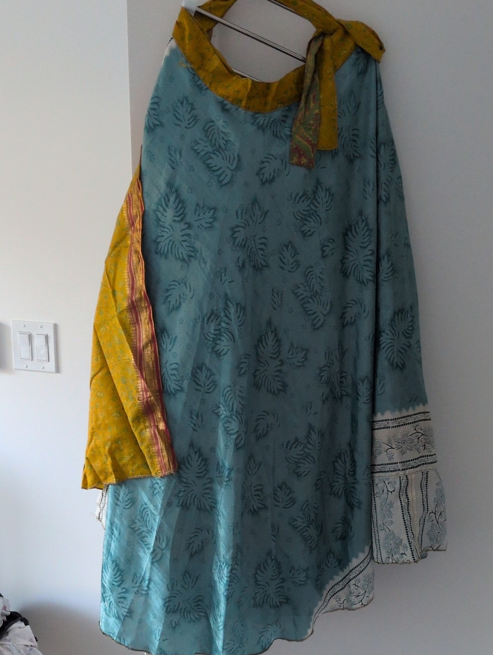 2 Ways To Wear It Teal Block-Print Wrap Skirt with Mustard Detail